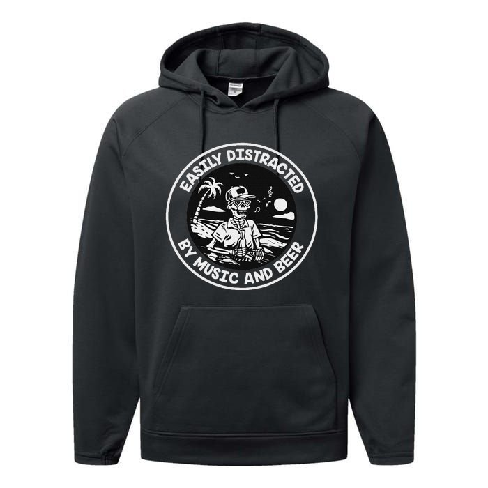 Easily Distracted By Music And Beer Skeleton Performance Fleece Hoodie