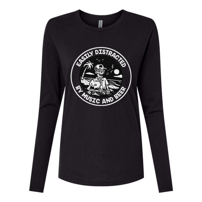 Easily Distracted By Music And Beer Skeleton Womens Cotton Relaxed Long Sleeve T-Shirt