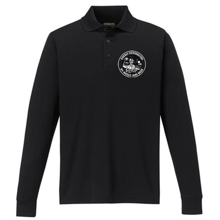 Easily Distracted By Music And Beer Skeleton Performance Long Sleeve Polo