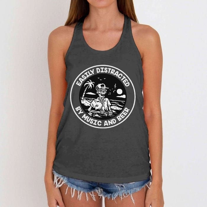 Easily Distracted By Music And Beer Skeleton Women's Knotted Racerback Tank