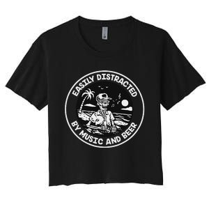 Easily Distracted By Music And Beer Skeleton Women's Crop Top Tee