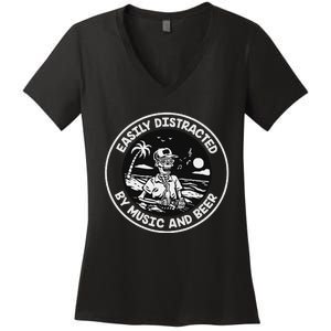 Easily Distracted By Music And Beer Skeleton Women's V-Neck T-Shirt