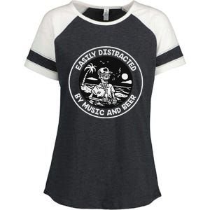 Easily Distracted By Music And Beer Skeleton Enza Ladies Jersey Colorblock Tee