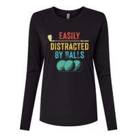 Easily Distracted by Balls Golf Ball Putt Vintage Funny Golf Womens Cotton Relaxed Long Sleeve T-Shirt