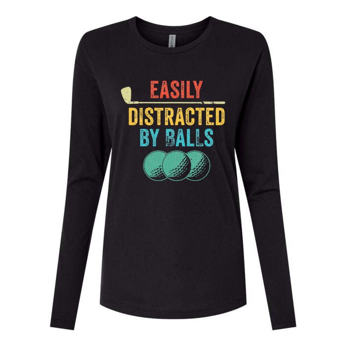 Easily Distracted by Balls Golf Ball Putt Vintage Funny Golf Womens Cotton Relaxed Long Sleeve T-Shirt