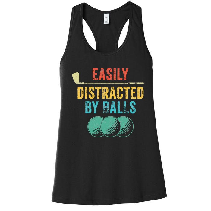 Easily Distracted by Balls Golf Ball Putt Vintage Funny Golf Women's Racerback Tank