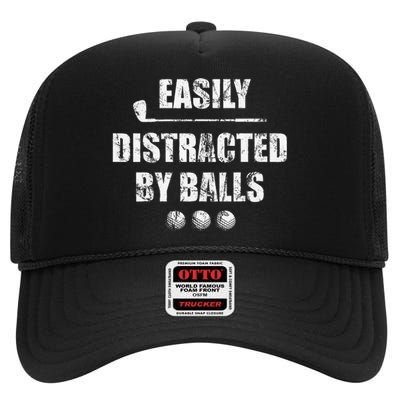 Easily Distracted By Balls Funny Golf Ball Putt High Crown Mesh Back Trucker Hat