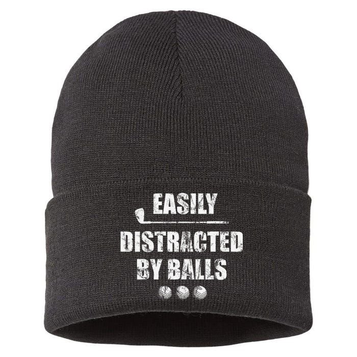 Easily Distracted By Balls Funny Golf Ball Putt Sustainable Knit Beanie