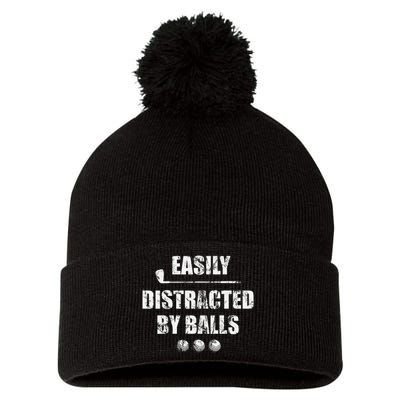 Easily Distracted By Balls Funny Golf Ball Putt Pom Pom 12in Knit Beanie