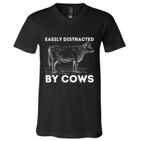 Easily Distracted By Cows Cow Lover Famer Cattle Ranch V-Neck T-Shirt