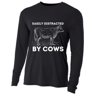 Easily Distracted By Cows Cow Lover Famer Cattle Ranch Cooling Performance Long Sleeve Crew