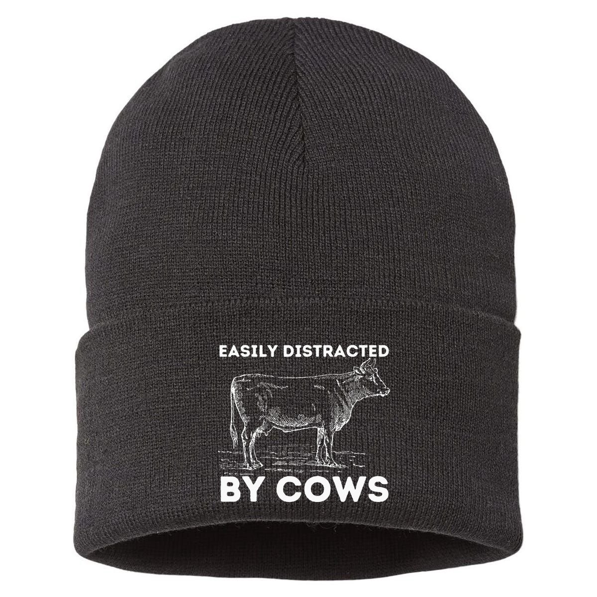 Easily Distracted By Cows Cow Lover Famer Cattle Ranch Sustainable Knit Beanie