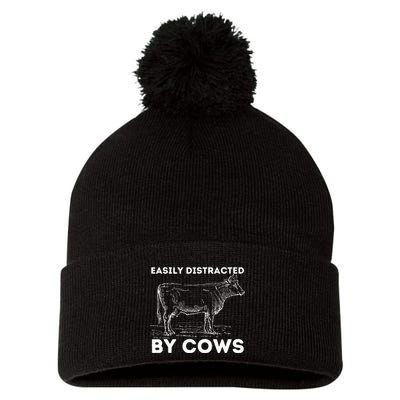 Easily Distracted By Cows Cow Lover Famer Cattle Ranch Pom Pom 12in Knit Beanie