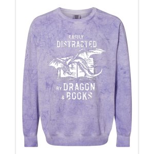 Easily Distracted By Dragon And Books Nerds Colorblast Crewneck Sweatshirt