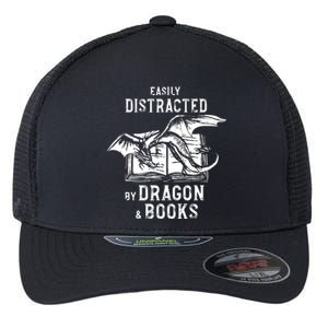 Easily Distracted By Dragon And Books Nerds Flexfit Unipanel Trucker Cap