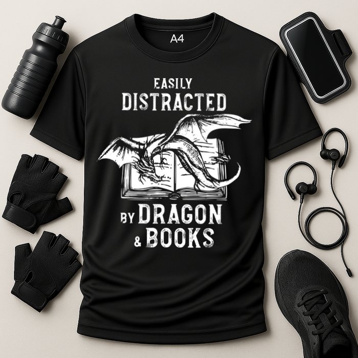 Easily Distracted By Dragon And Books Nerds Cooling Performance Crew T-Shirt