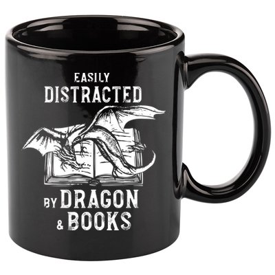 Easily Distracted By Dragon And Books Nerds 11oz C Handle Ceramic Mug