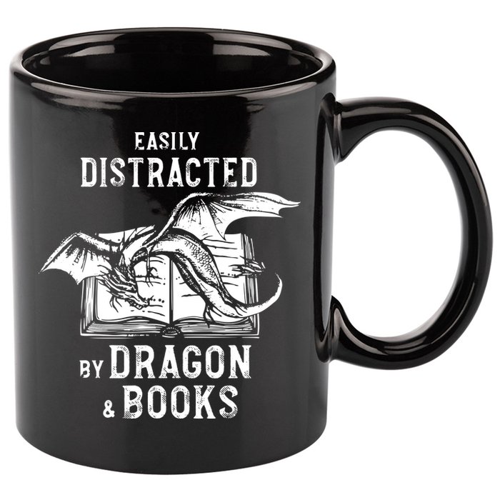 Easily Distracted By Dragon And Books Nerds 11oz C Handle Ceramic Mug