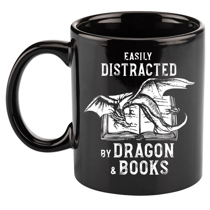 Easily Distracted By Dragon And Books Nerds 11oz C Handle Ceramic Mug