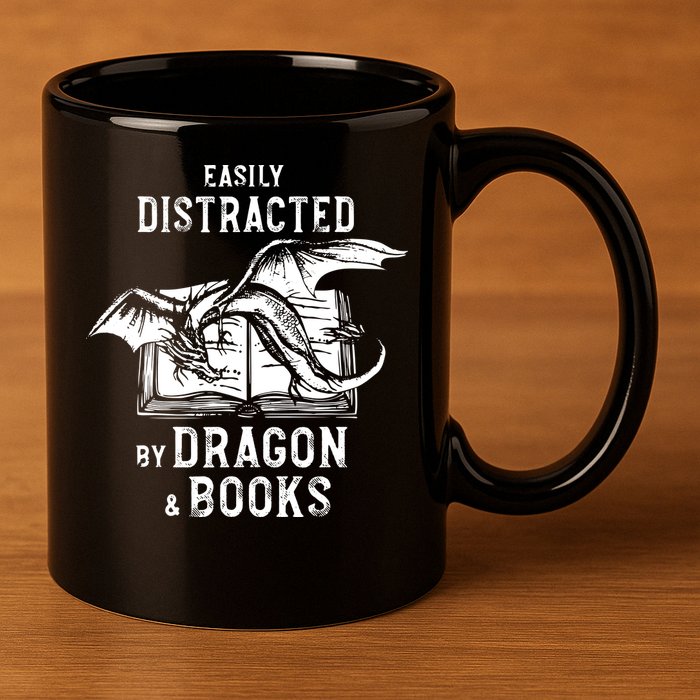 Easily Distracted By Dragon And Books Nerds 11oz C Handle Ceramic Mug