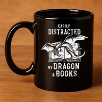 Easily Distracted By Dragon And Books Nerds 11oz C Handle Ceramic Mug