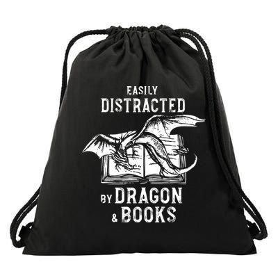 Easily Distracted By Dragon And Books Nerds Drawstring Bag