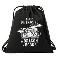 Easily Distracted By Dragon And Books Nerds Drawstring Bag