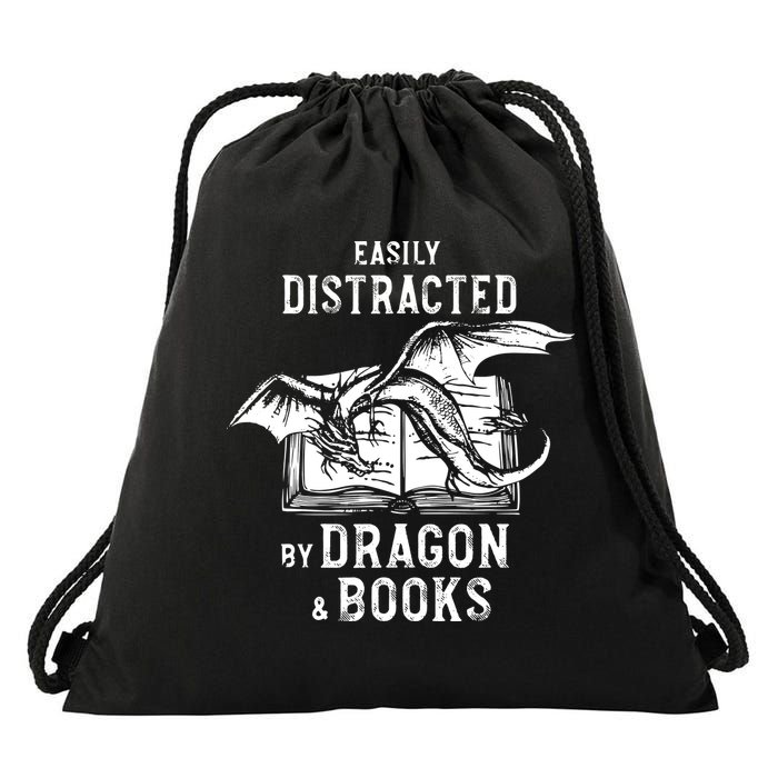 Easily Distracted By Dragon And Books Nerds Drawstring Bag