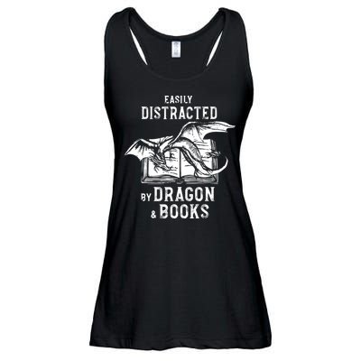 Easily Distracted By Dragon And Books Nerds Ladies Essential Flowy Tank