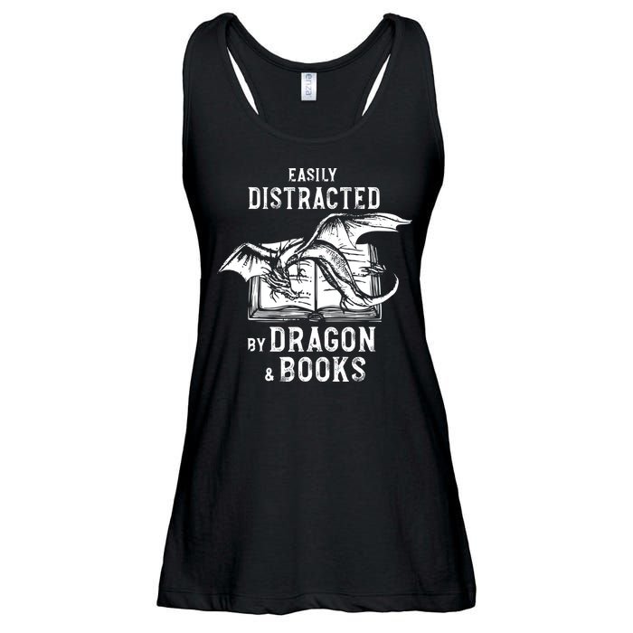 Easily Distracted By Dragon And Books Nerds Ladies Essential Flowy Tank