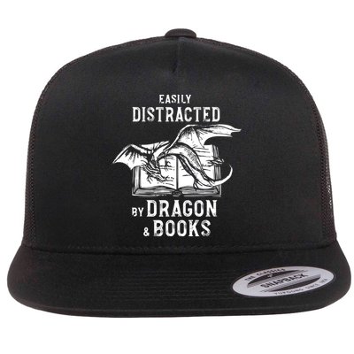Easily Distracted By Dragon And Books Nerds Flat Bill Trucker Hat
