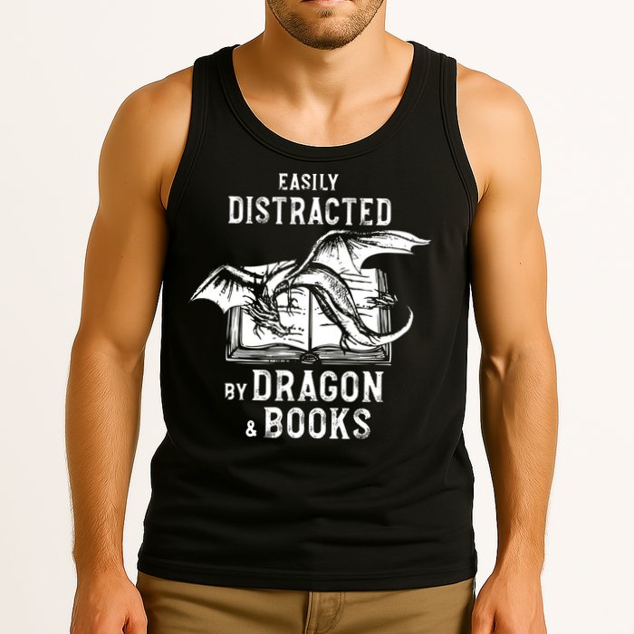 Easily Distracted By Dragon And Books Nerds Tank Top