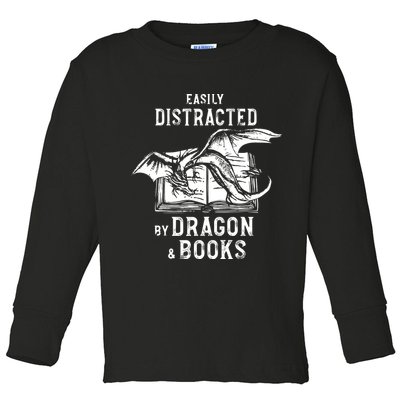 Easily Distracted By Dragon And Books Nerds Toddler Long Sleeve Shirt