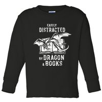 Easily Distracted By Dragon And Books Nerds Toddler Long Sleeve Shirt