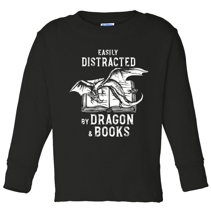 Easily Distracted By Dragon And Books Nerds Toddler Long Sleeve Shirt