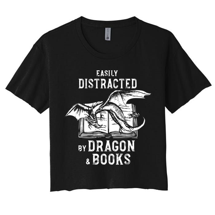 Easily Distracted By Dragon And Books Nerds Women's Crop Top Tee