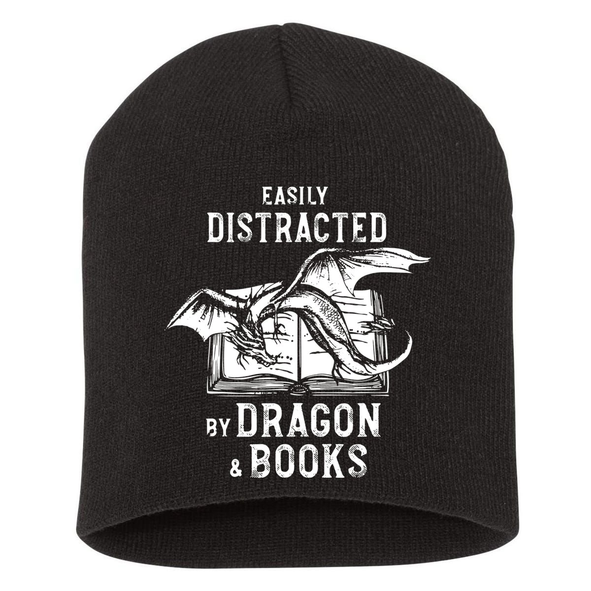 Easily Distracted By Dragon And Books Nerds Short Acrylic Beanie