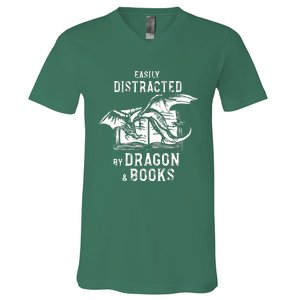 Easily Distracted By Dragon And Books Nerds V-Neck T-Shirt