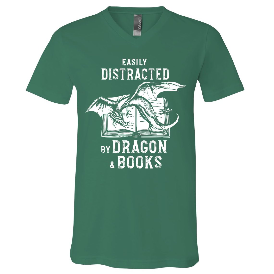 Easily Distracted By Dragon And Books Nerds V-Neck T-Shirt
