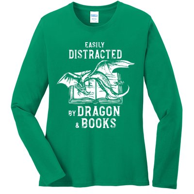 Easily Distracted By Dragon And Books Nerds Ladies Long Sleeve Shirt