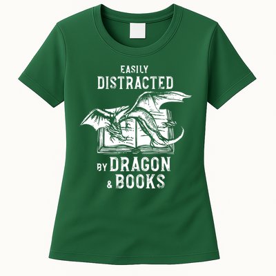 Easily Distracted By Dragon And Books Nerds Womens T-Shirt