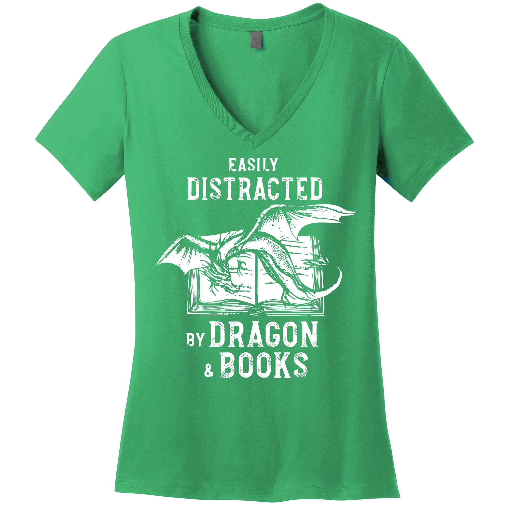 Easily Distracted By Dragon And Books Nerds Women's V-Neck T-Shirt