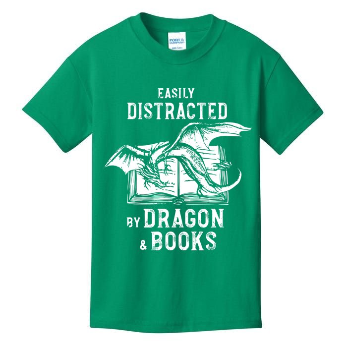 Easily Distracted By Dragon And Books Nerds Kids T-Shirt