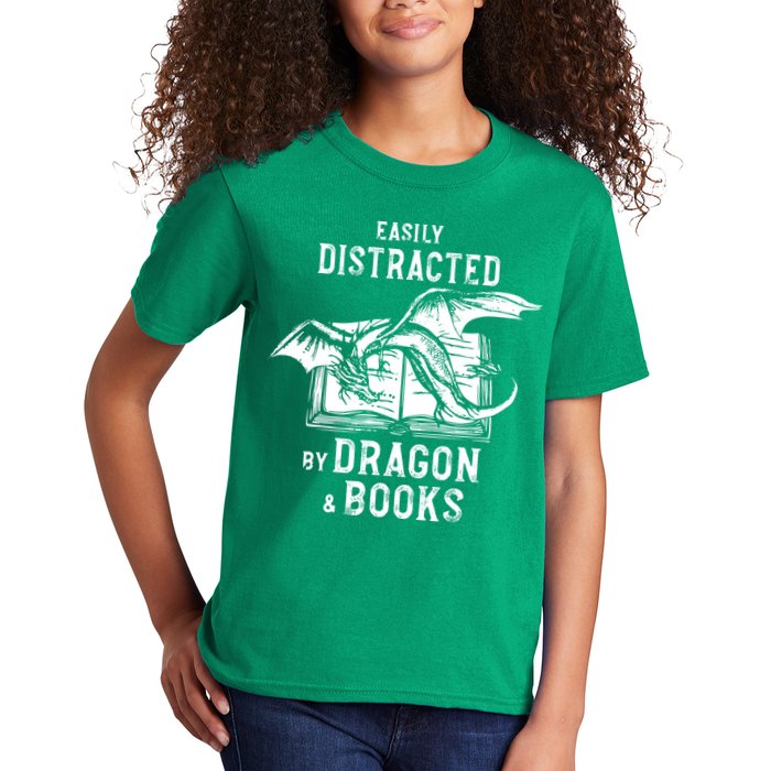 Easily Distracted By Dragon And Books Nerds Kids T-Shirt