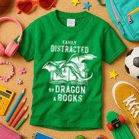 Easily Distracted By Dragon And Books Nerds Kids T-Shirt