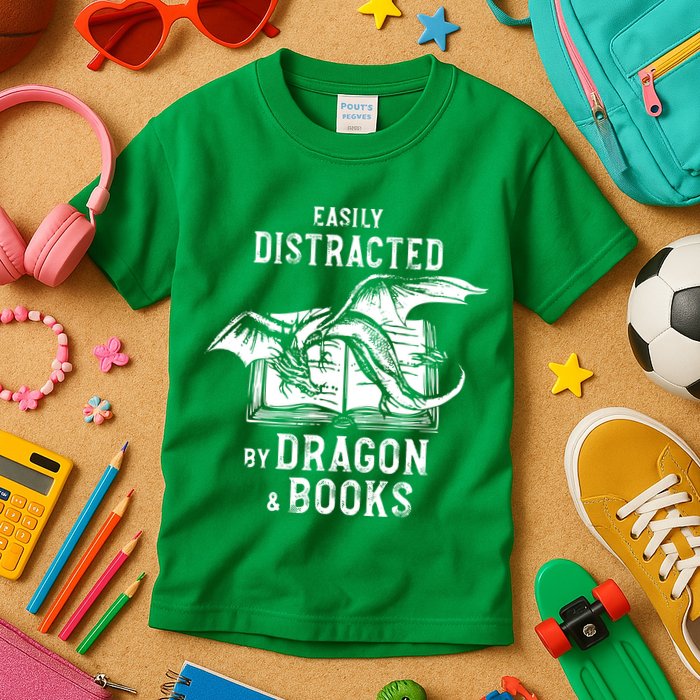 Easily Distracted By Dragon And Books Nerds Kids T-Shirt