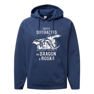 Easily Distracted By Dragon And Books Nerds Performance Fleece Hoodie