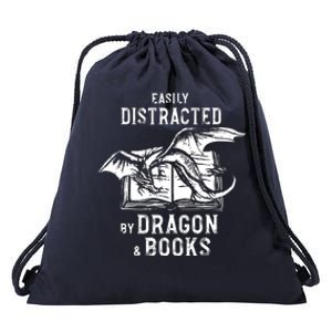 Easily Distracted By Dragon And Books Nerds Drawstring Bag