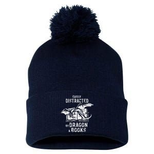 Easily Distracted By Dragon And Books Nerds Pom Pom 12in Knit Beanie