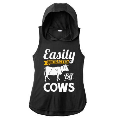 Easily Distracted By Cows Funny Cow Famers Gift Ladies PosiCharge Tri-Blend Wicking Draft Hoodie Tank